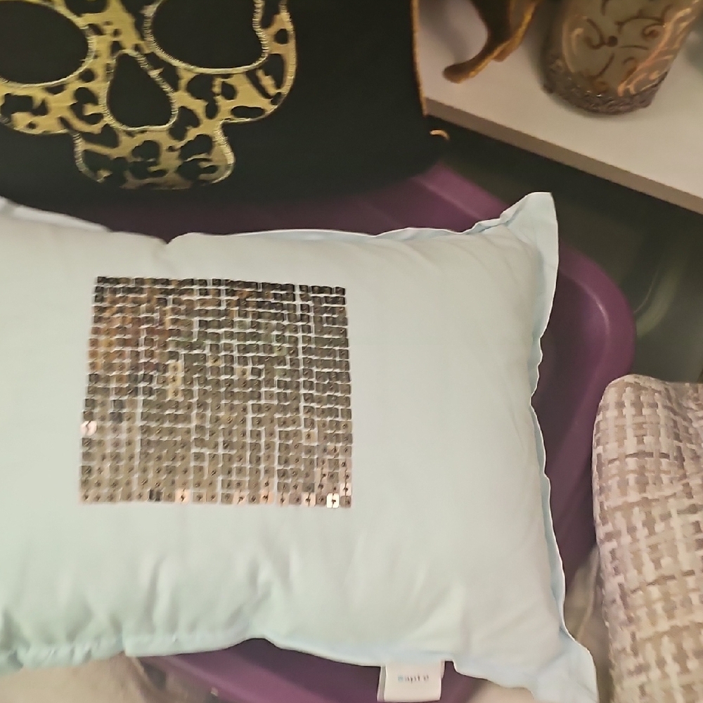 Brand New Robin's Egg Blue And Gunmetal Sequin Accent Pillow 17"L